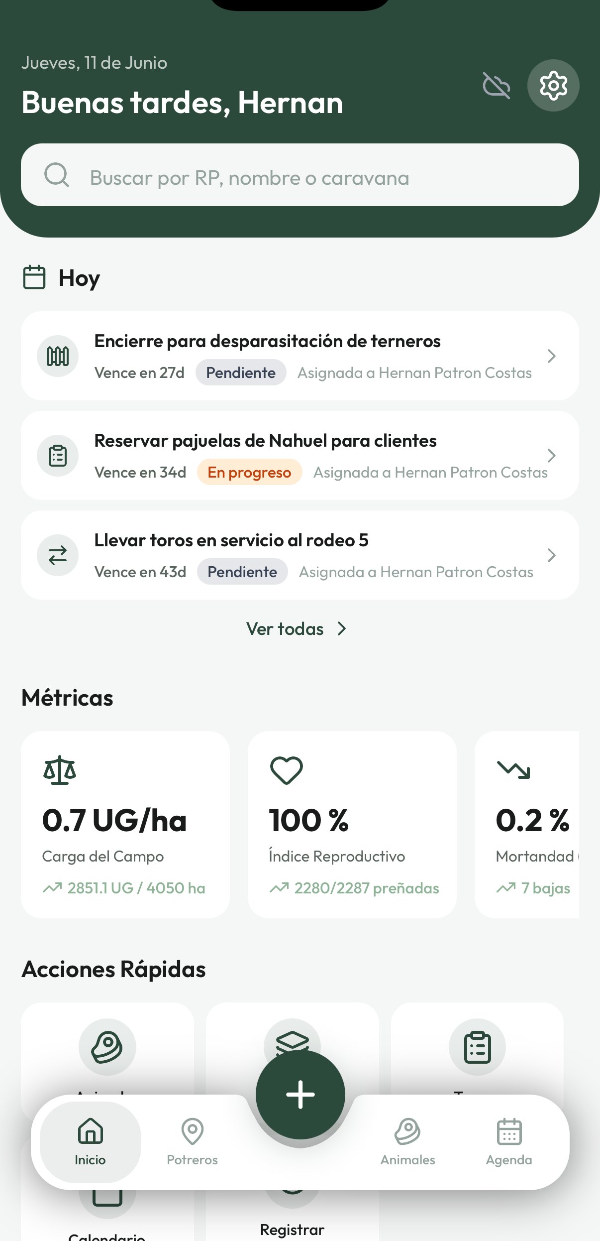 Inicio de la app nativa: tareas del día y métricas del campo