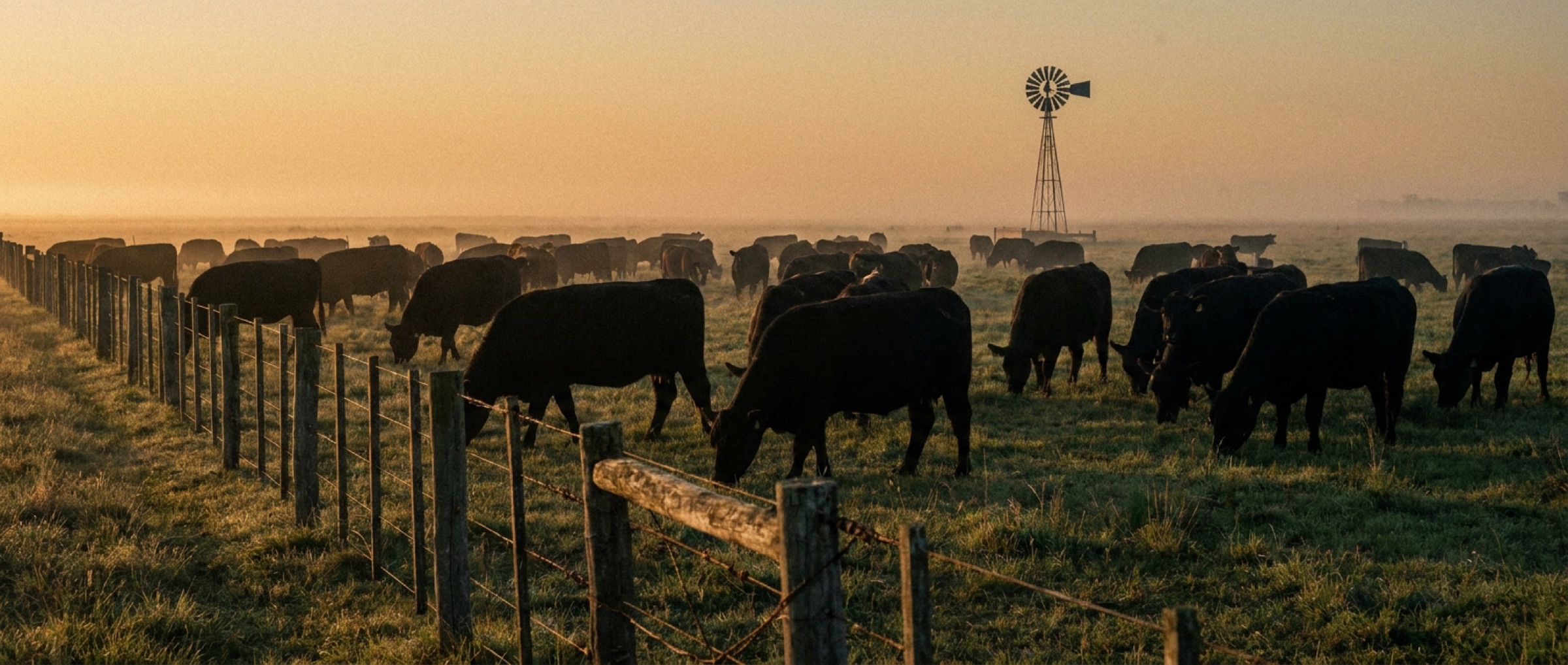 Rodeo Angus en la pampa al amanecer, con molino al fondo